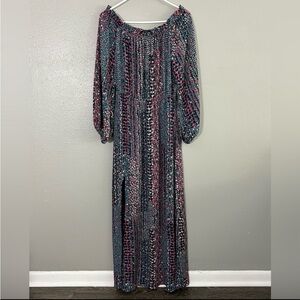 Buddy Love Maxi Dress Women’s M Blue Pink Floral Off-the-Shoulder Blouson Slit